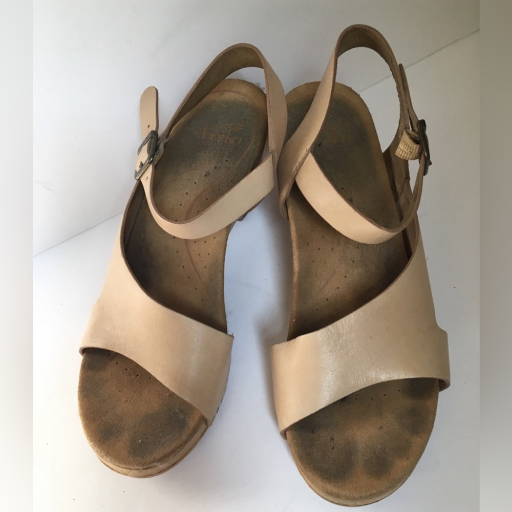 Dansko Cut-out Wedge Leather Buckle Strap Sandals, “Tasha,” Beige, Size 38